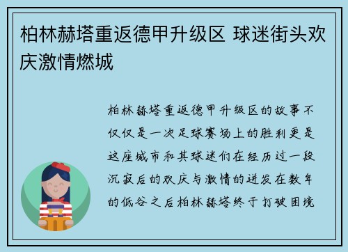 柏林赫塔重返德甲升级区 球迷街头欢庆激情燃城
