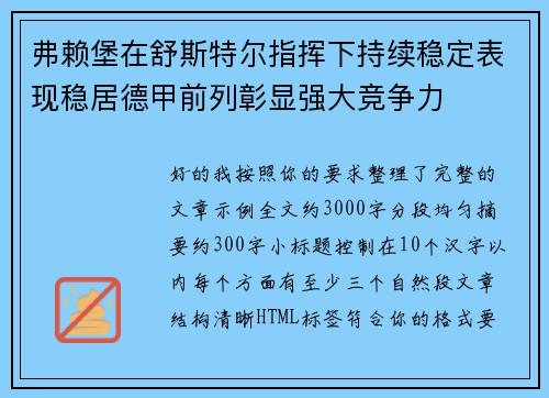 弗赖堡在舒斯特尔指挥下持续稳定表现稳居德甲前列彰显强大竞争力